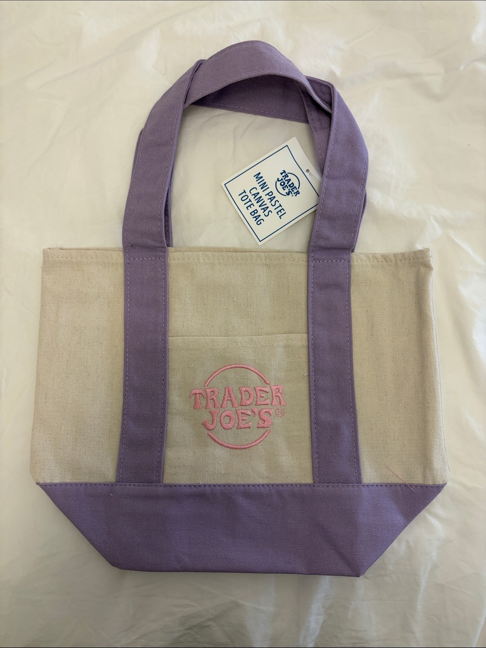 Trader Joe’s Mini Canvas Tote Bag - Purple trim with pink embroidery